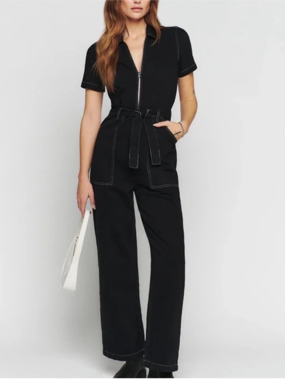 Reformation Black Short-Sleeve Zip Front Denim Jumpsuit